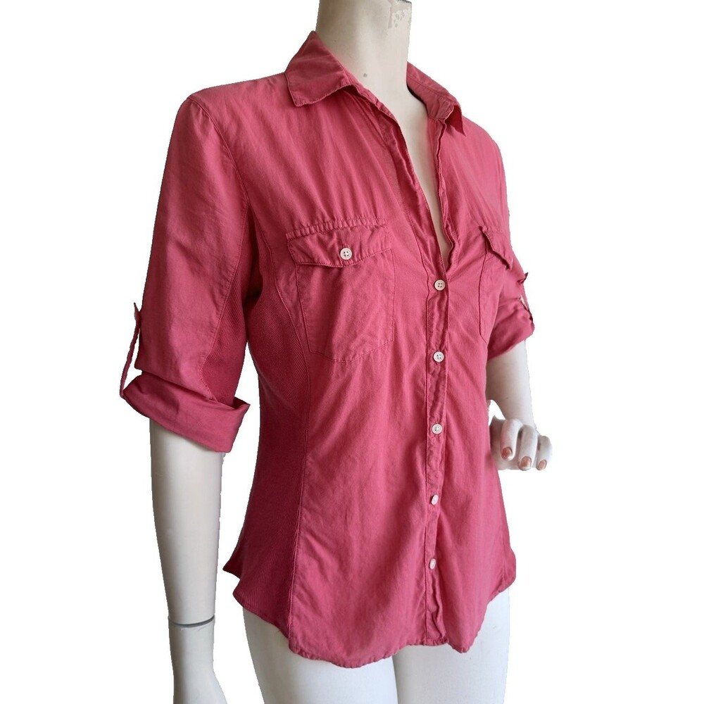 JAMES PERSE Pink Top Cotton Woven Collared Button-Up Roll Tab 3/4 Sleeve Size 3